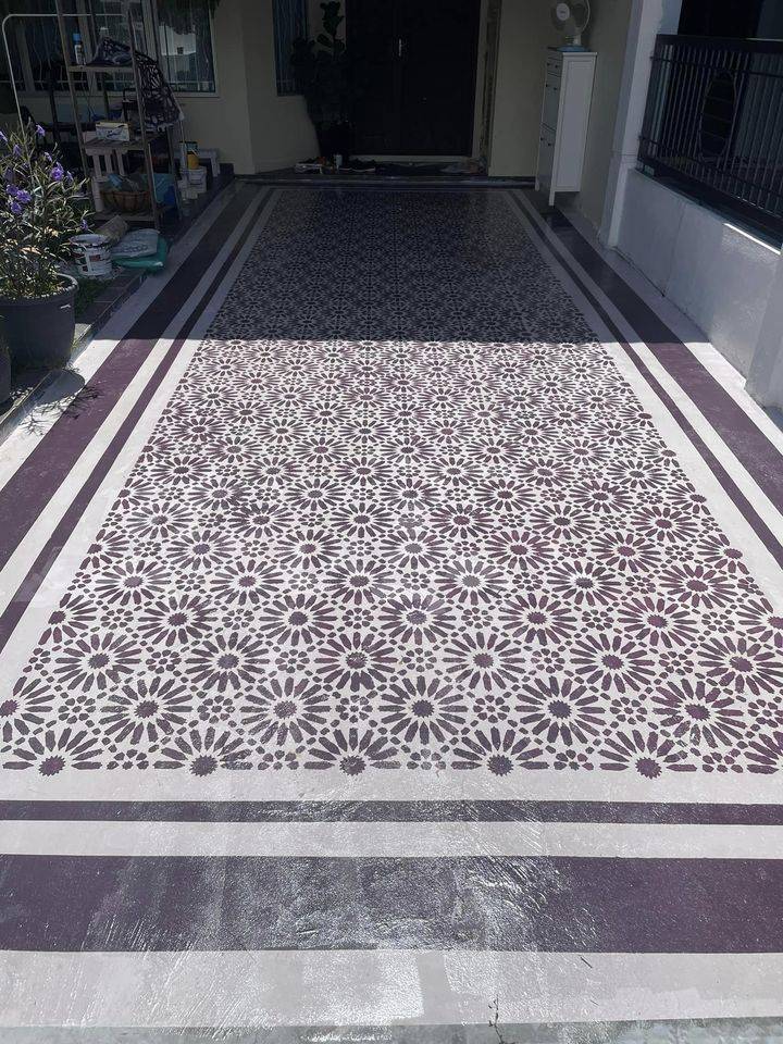DIY Cat Top Coating Guna Teknik 'Stencil', Berseri Lantai Driveway Rumah! 17 DIY Cat Top Coating Guna Teknik ‘Stencil’, Berseri Lantai Driveway Rumah!