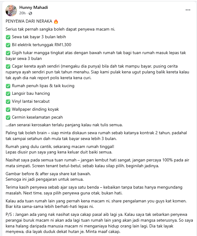 ‘Penyewa Dari Neraka’, Tiga Bulan Tak Bayar Sewa, Bil Elektrik Tertunggak, Rumah Penuh Najis Kucing