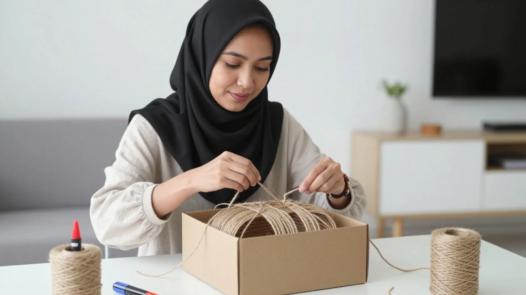 Ubah Kotak Kadbod Terpakai Jadi Storage Box Minimalis Ala ‘Muji’ Guna Tali Jut & Kain Terpakai