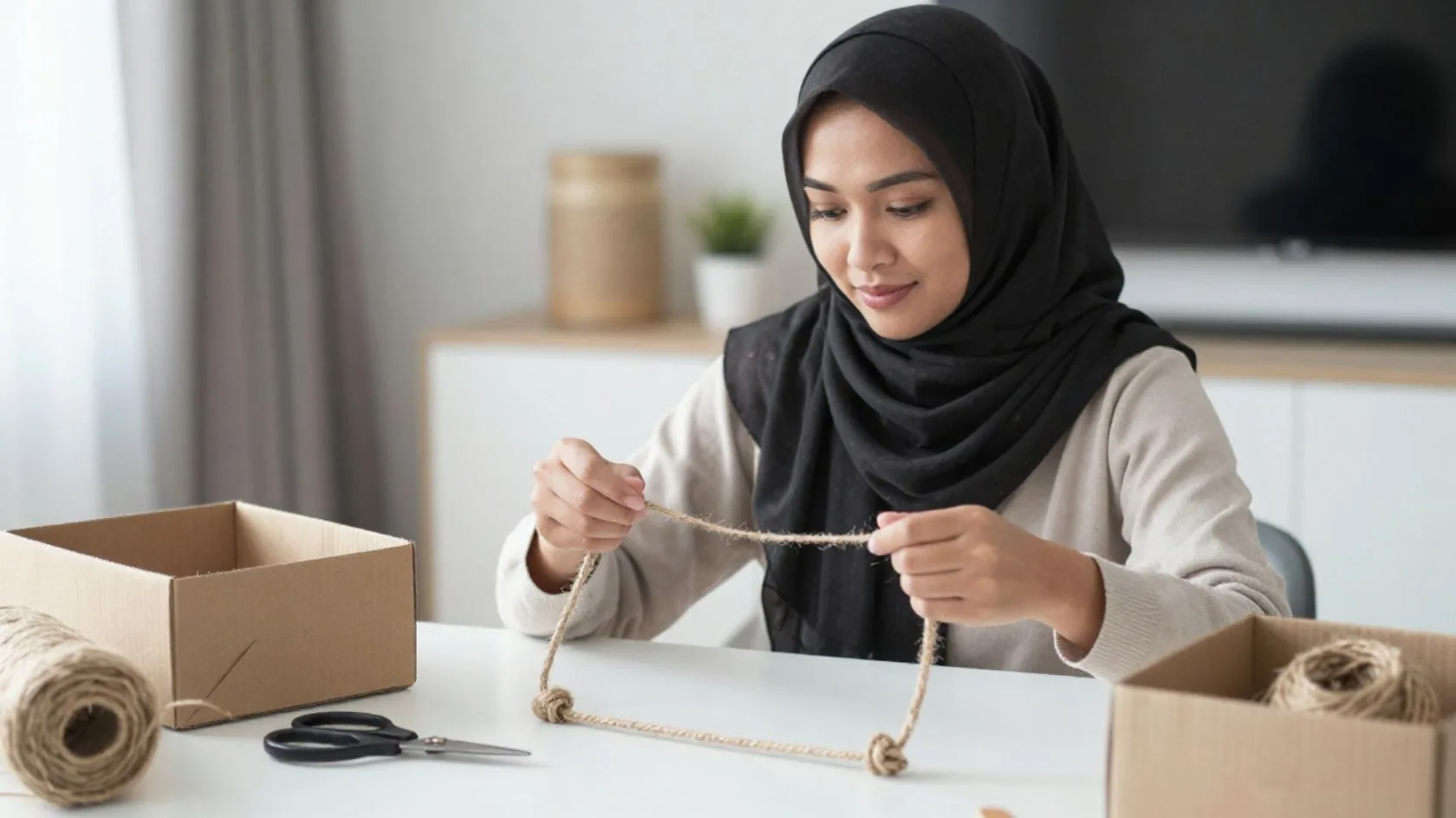 Ubah Kotak Kadbod Terpakai Jadi Storage Box Minimalis Ala ‘Muji’ Guna Tali Jut & Kain Terpakai